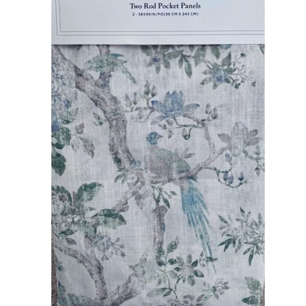 Linen Floral Bird Curtains Set of Two 38x84 Avian Rod Pocket Linen Blend